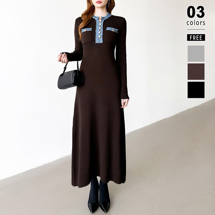 ダークブラウン | デニム切り替えニットワンピース デニムドッキング ワンピース | COCOMOMO