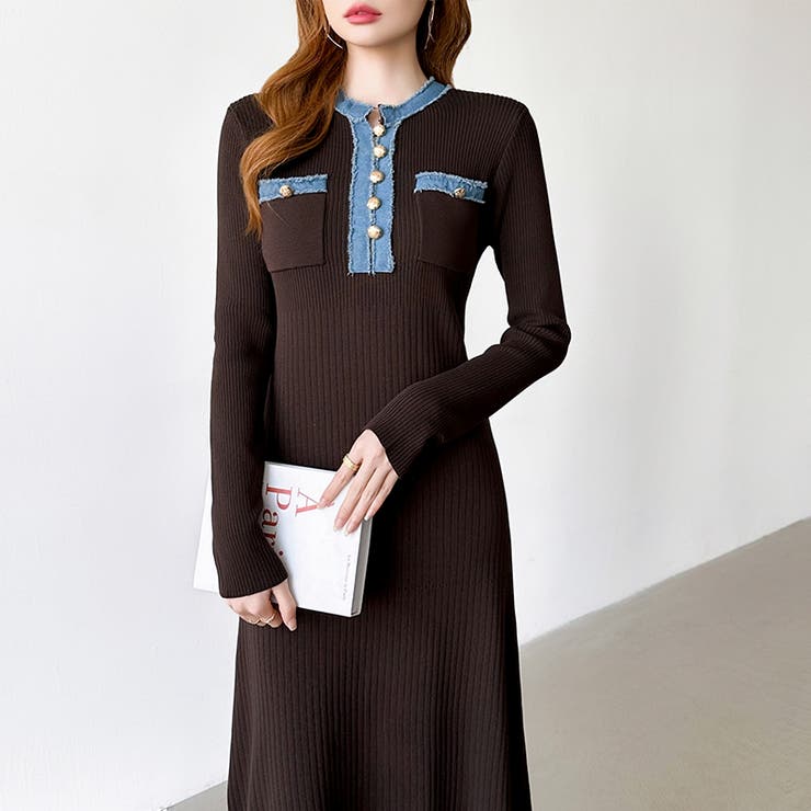 デニム切り替えニットワンピース デニムドッキング ワンピース | COCOMOMO | 詳細画像7 