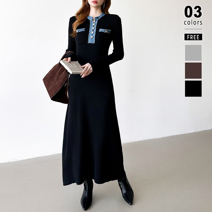 ブラック | デニム切り替えニットワンピース デニムドッキング ワンピース | COCOMOMO