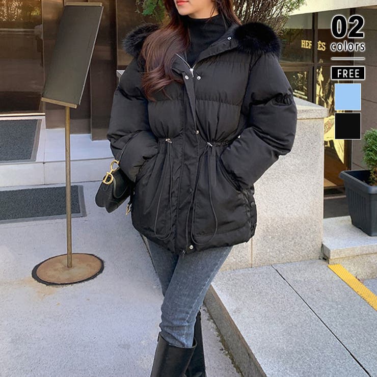 ブラック | ファーフード付き中綿ダウンジャケット 中綿ジャケット アウター | COCOMOMO