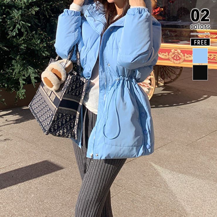 ブルー | ファーフード付き中綿ダウンジャケット 中綿ジャケット アウター | COCOMOMO