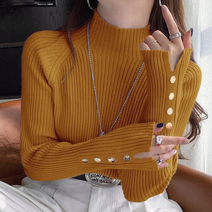 レイヤードにも使いやすいハイネックニット 袖ボタンニット リブニット | COCOMOMO | 詳細画像10 