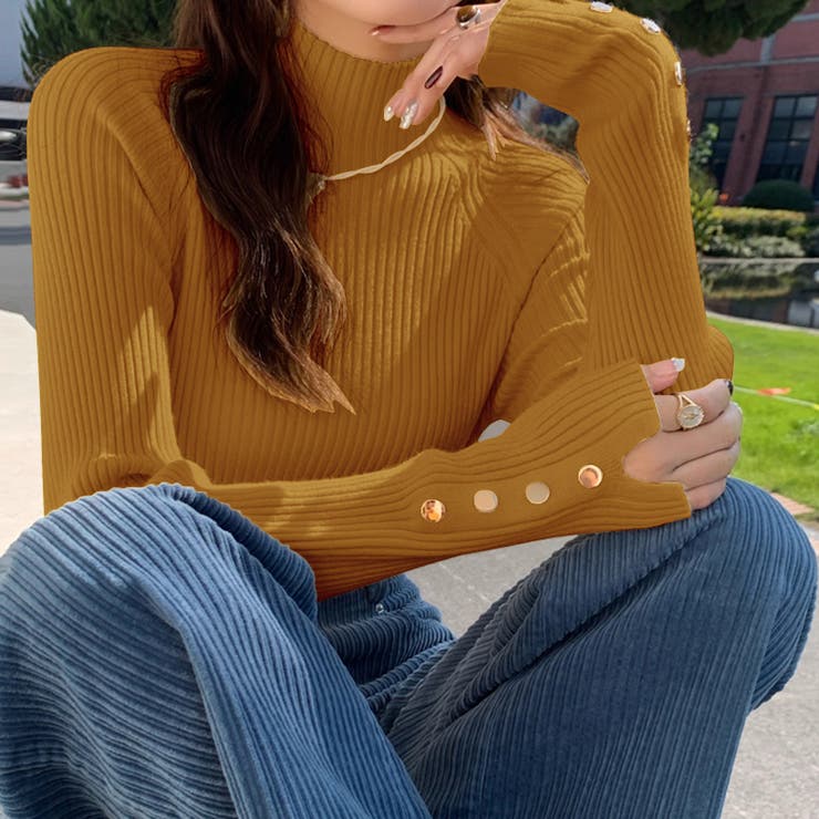 レイヤードにも使いやすいハイネックニット 袖ボタンニット リブニット | COCOMOMO | 詳細画像11 