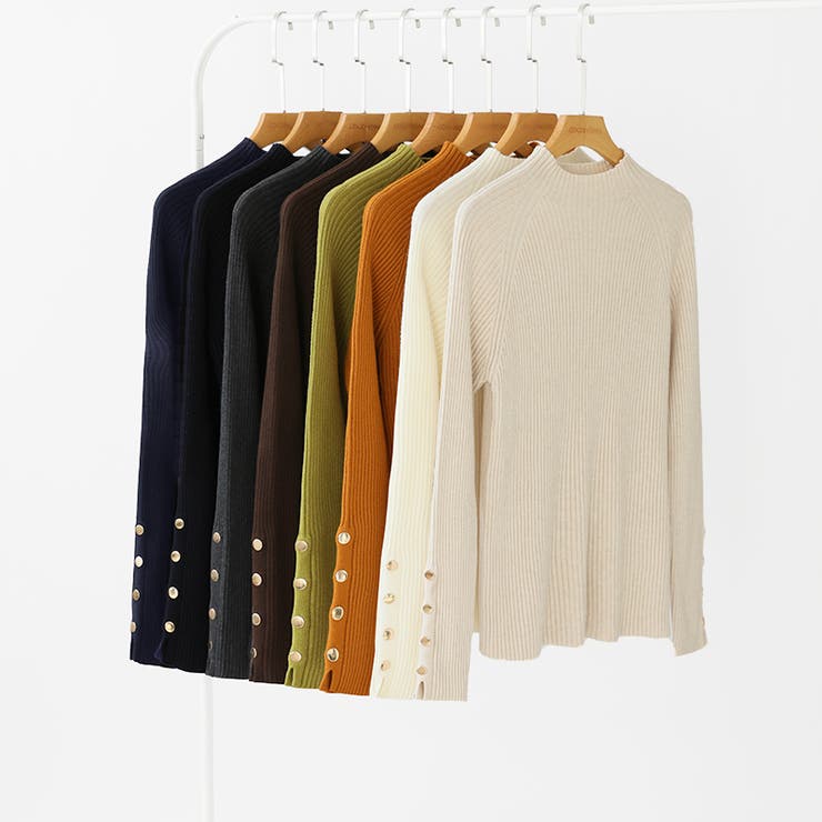 レイヤードにも使いやすいハイネックニット 袖ボタンニット リブニット | COCOMOMO | 詳細画像22 