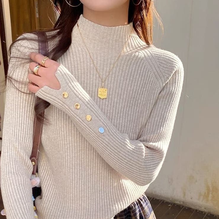 レイヤードにも使いやすいハイネックニット 袖ボタンニット リブニット | COCOMOMO | 詳細画像5 