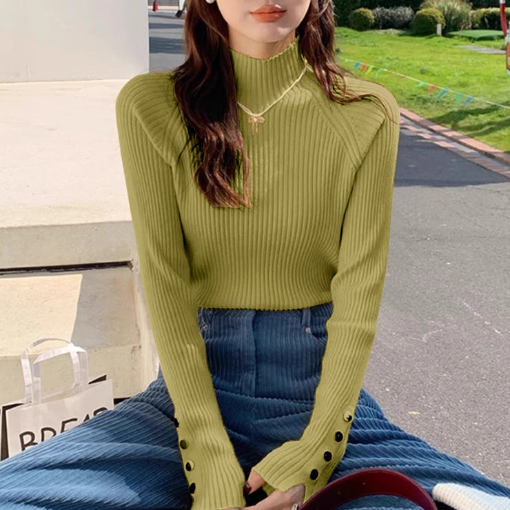 レイヤードにも使いやすいハイネックニット 袖ボタンニット リブニット | COCOMOMO | 詳細画像8 