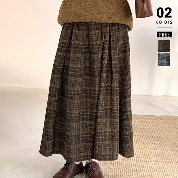 ブラウン | チェックスカート プリーツスカート ロングスカート | COCOMOMO