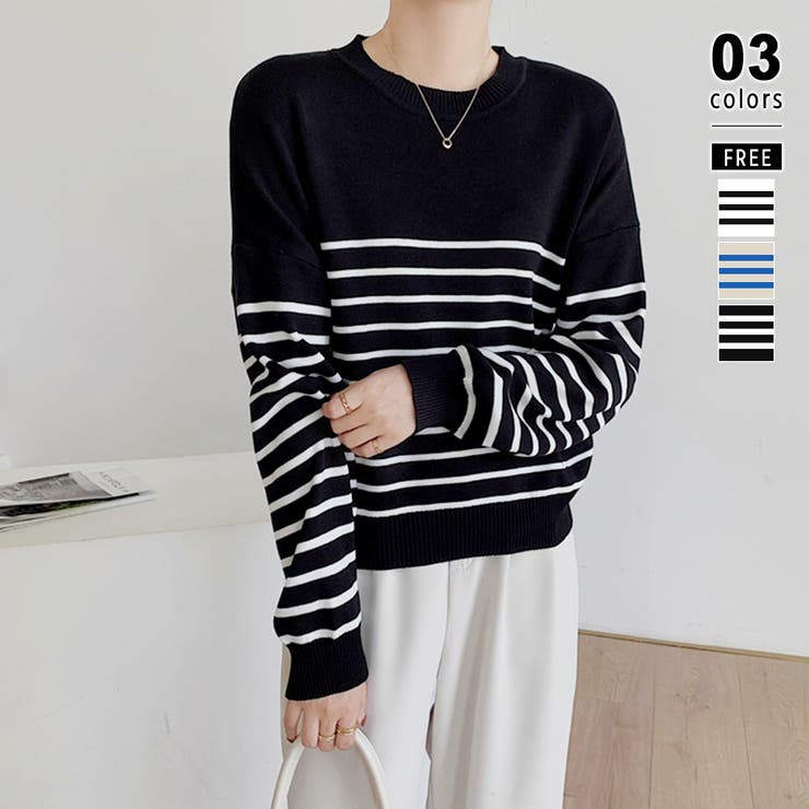 ブラック | ボーダーニット クルーネック ニットセーター | COCOMOMO