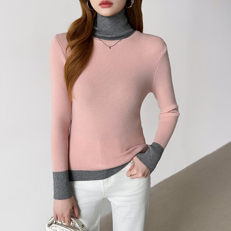 レイヤード風ニット 配色ニット タートルネック | COCOMOMO | 詳細画像1 