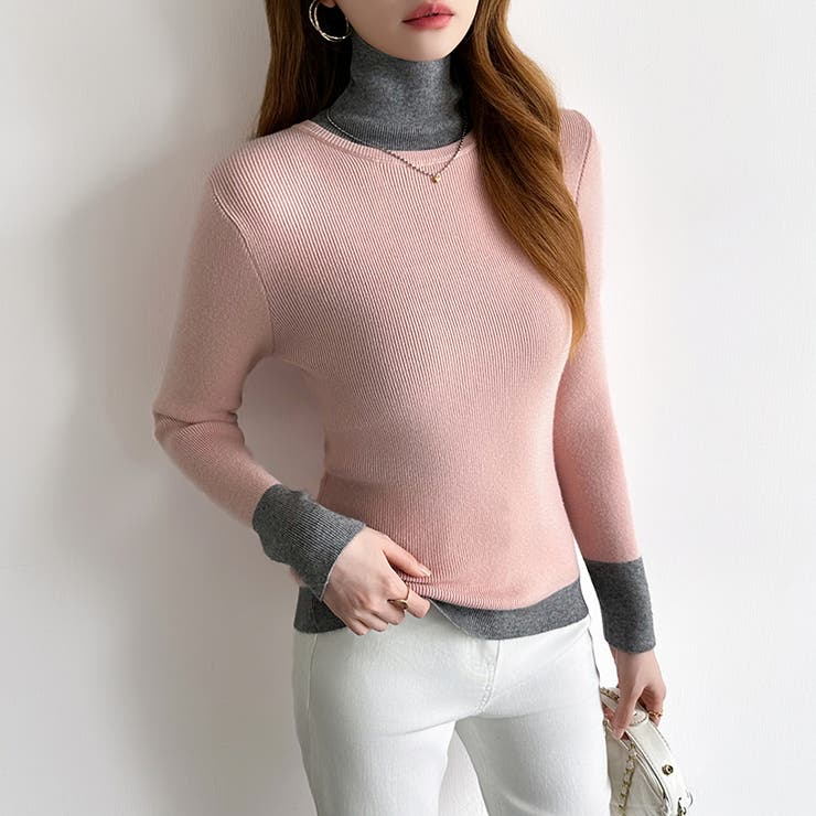 レイヤード風ニット 配色ニット タートルネック | COCOMOMO | 詳細画像2 