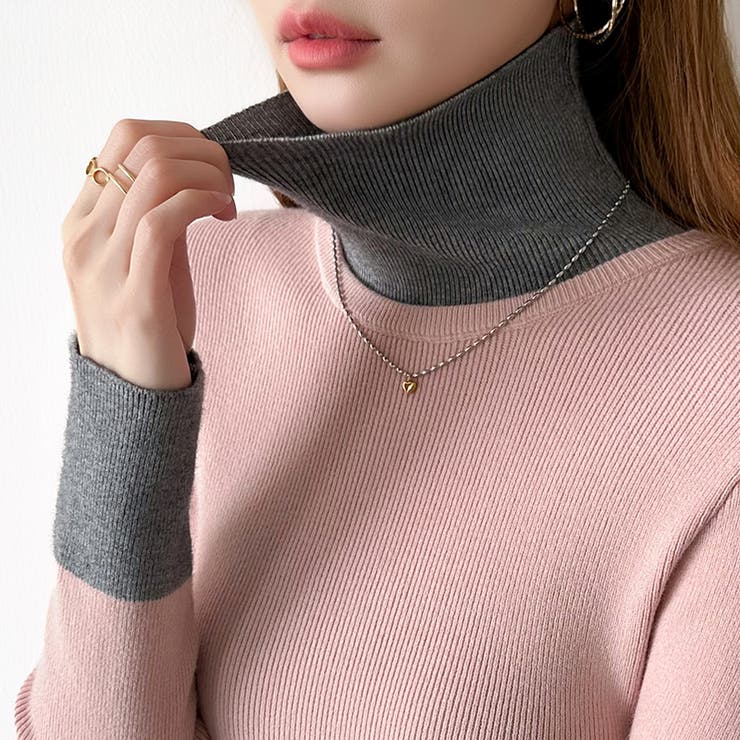 レイヤード風ニット 配色ニット タートルネック | COCOMOMO | 詳細画像3 