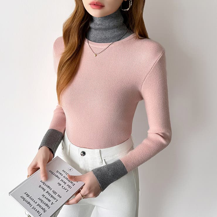 レイヤード風ニット 配色ニット タートルネック | COCOMOMO | 詳細画像6 