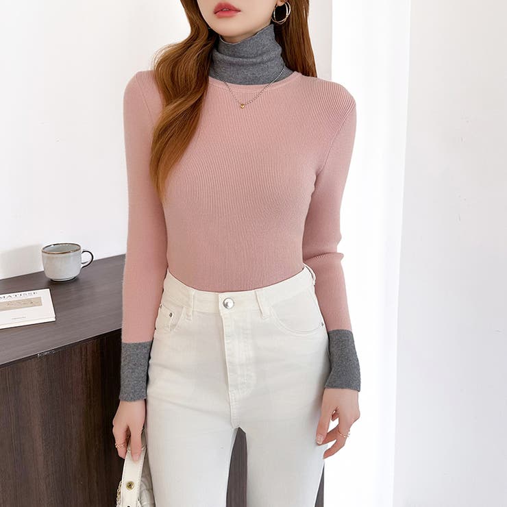 レイヤード風ニット 配色ニット タートルネック | COCOMOMO | 詳細画像9 