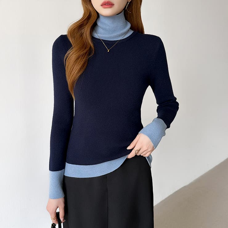 レイヤード風ニット 配色ニット タートルネック | COCOMOMO | 詳細画像10 