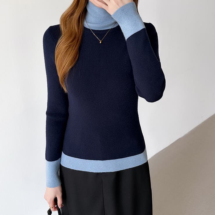 レイヤード風ニット 配色ニット タートルネック | COCOMOMO | 詳細画像11 