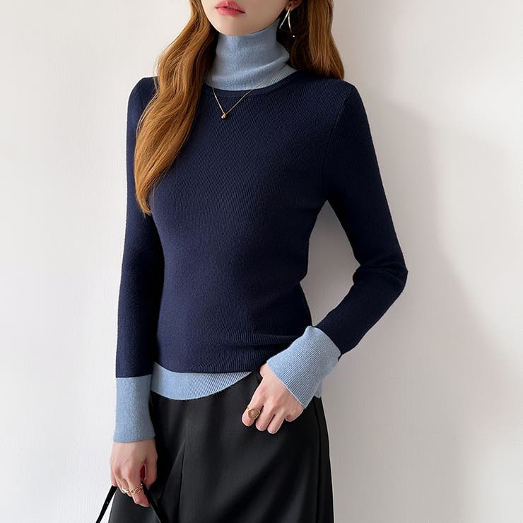 レイヤード風ニット 配色ニット タートルネック | COCOMOMO | 詳細画像12 