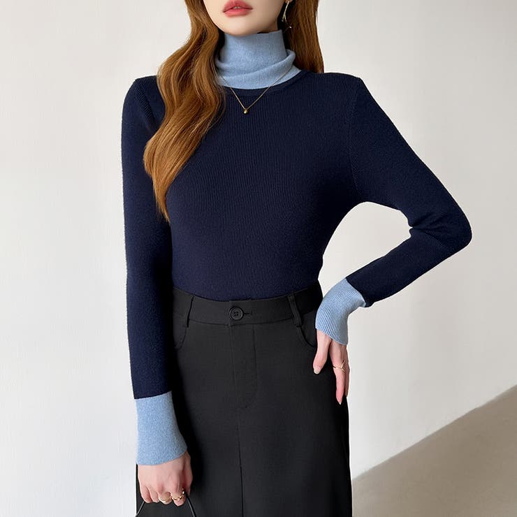 レイヤード風ニット 配色ニット タートルネック | COCOMOMO | 詳細画像13 