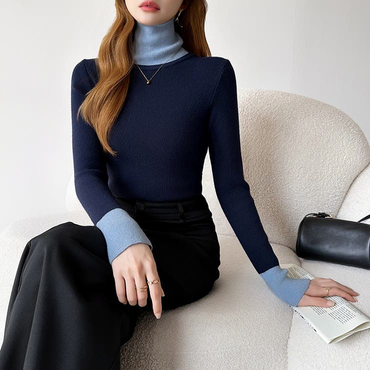 レイヤード風ニット 配色ニット タートルネック | COCOMOMO | 詳細画像18 