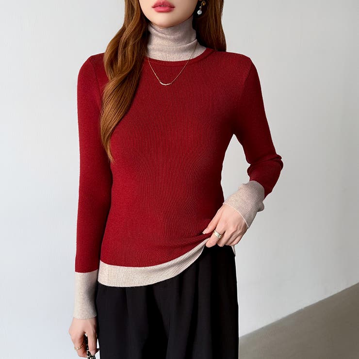 レイヤード風ニット 配色ニット タートルネック | COCOMOMO | 詳細画像19 