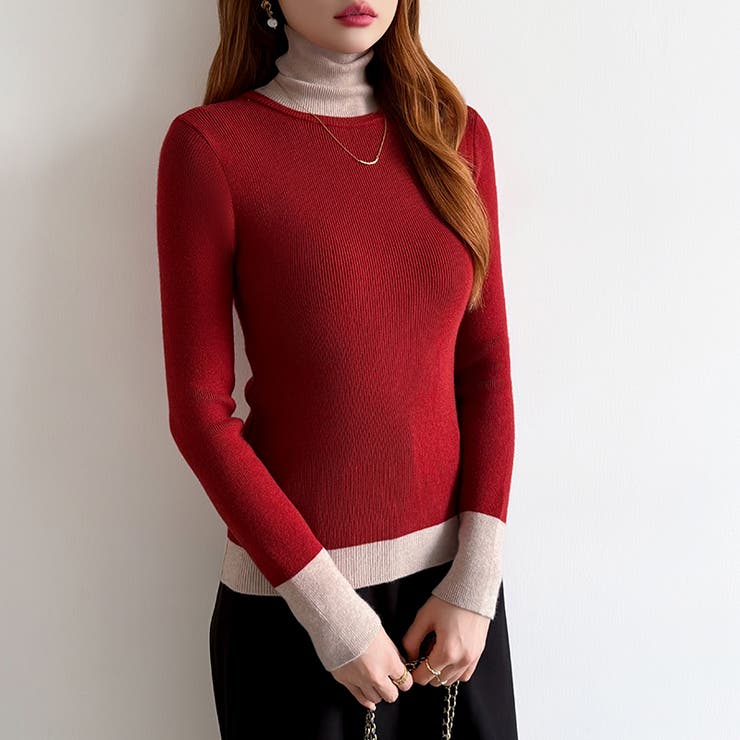 レイヤード風ニット 配色ニット タートルネック | COCOMOMO | 詳細画像20 