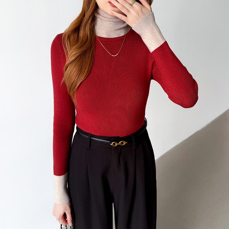 レイヤード風ニット 配色ニット タートルネック | COCOMOMO | 詳細画像22 