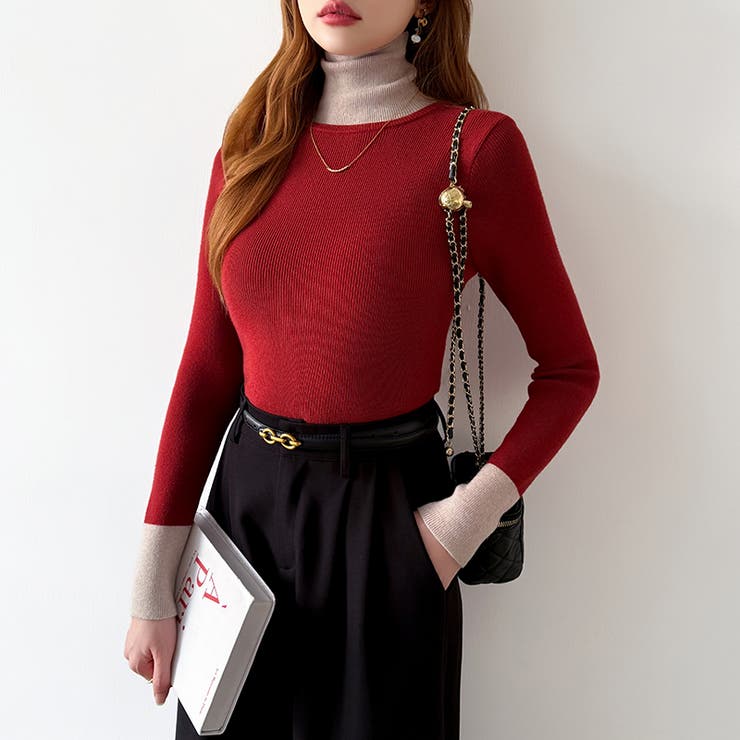 レイヤード風ニット 配色ニット タートルネック | COCOMOMO | 詳細画像23 