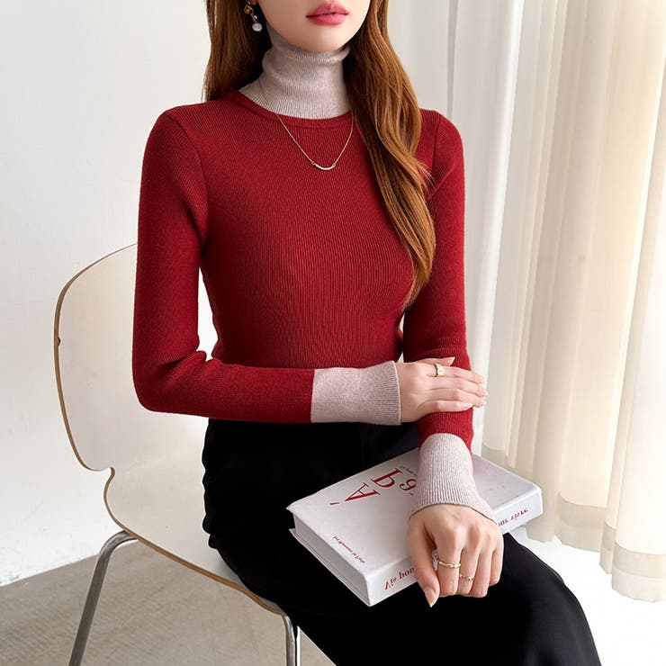 レイヤード風ニット 配色ニット タートルネック | COCOMOMO | 詳細画像26 