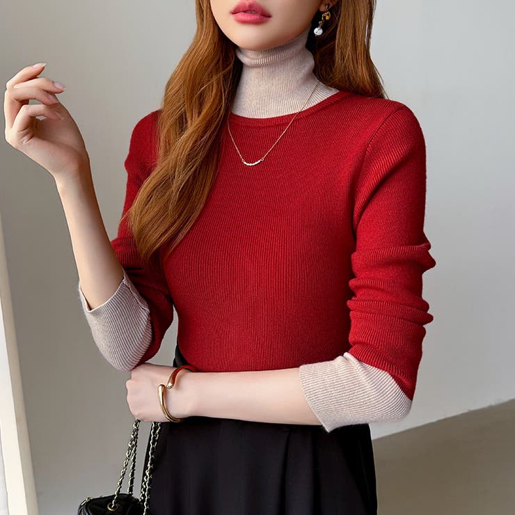 レイヤード風ニット 配色ニット タートルネック | COCOMOMO | 詳細画像27 