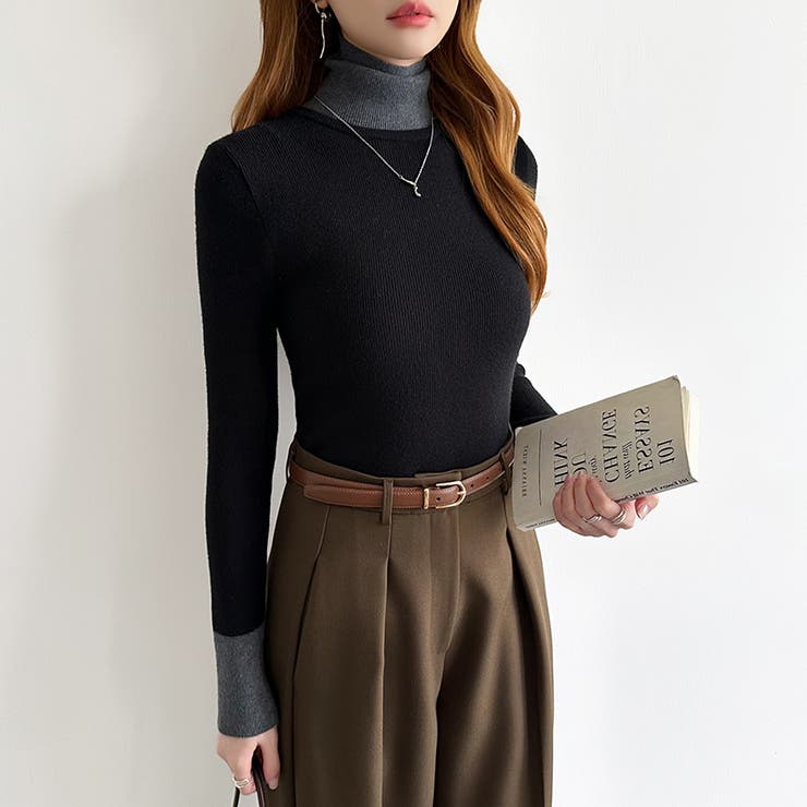 レイヤード風ニット 配色ニット タートルネック | COCOMOMO | 詳細画像29 