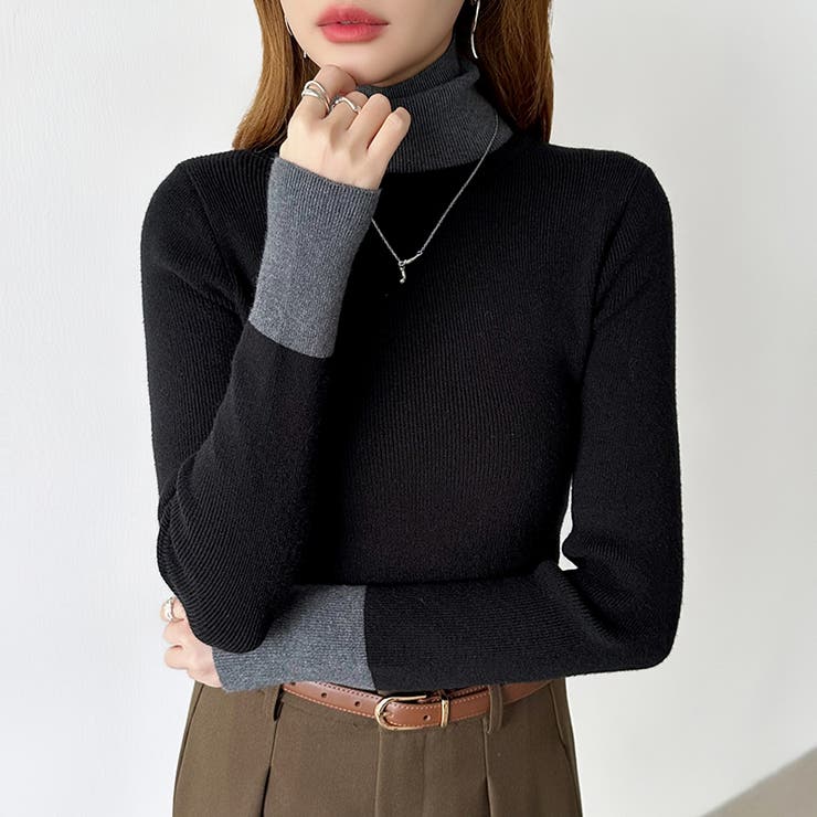 レイヤード風ニット 配色ニット タートルネック | COCOMOMO | 詳細画像31 