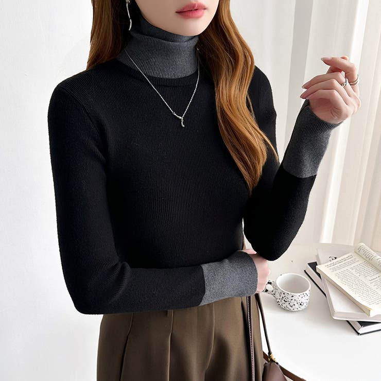 レイヤード風ニット 配色ニット タートルネック | COCOMOMO | 詳細画像34 