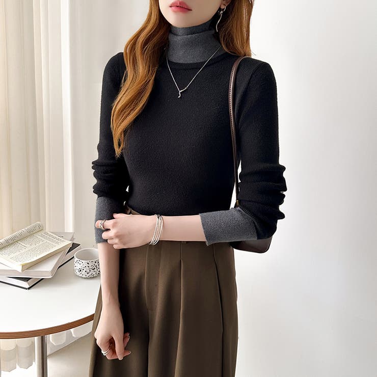 レイヤード風ニット 配色ニット タートルネック | COCOMOMO | 詳細画像35 