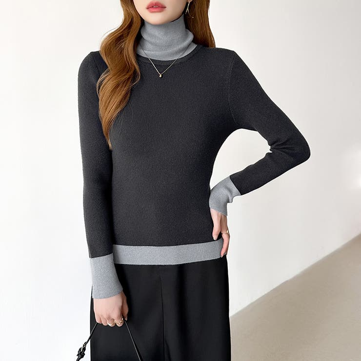 レイヤード風ニット 配色ニット タートルネック | COCOMOMO | 詳細画像39 