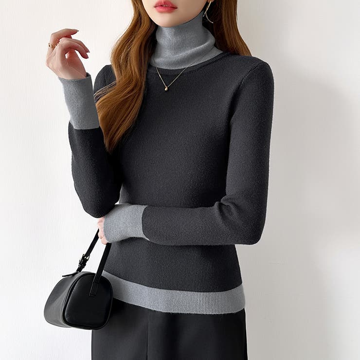 レイヤード風ニット 配色ニット タートルネック | COCOMOMO | 詳細画像40 