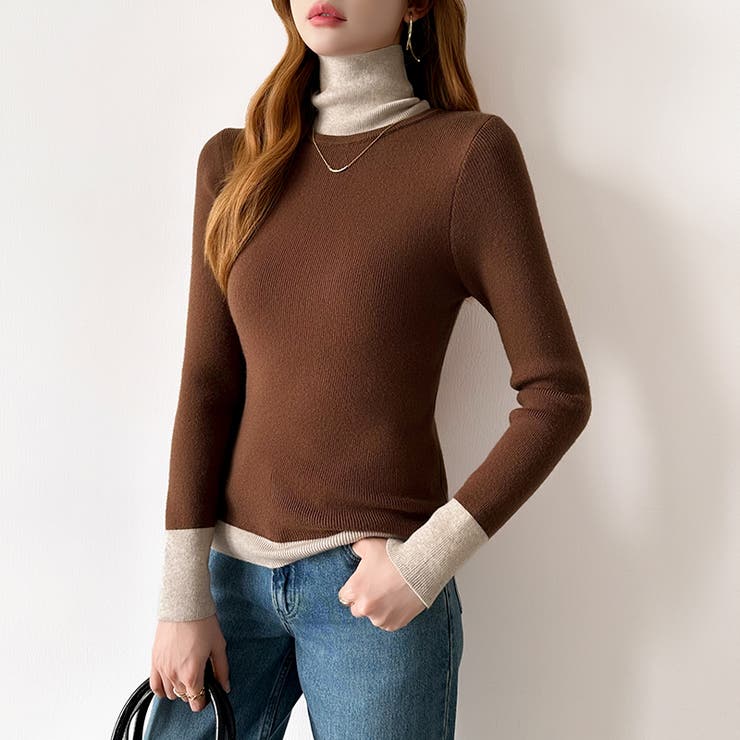 レイヤード風ニット 配色ニット タートルネック | COCOMOMO | 詳細画像44 