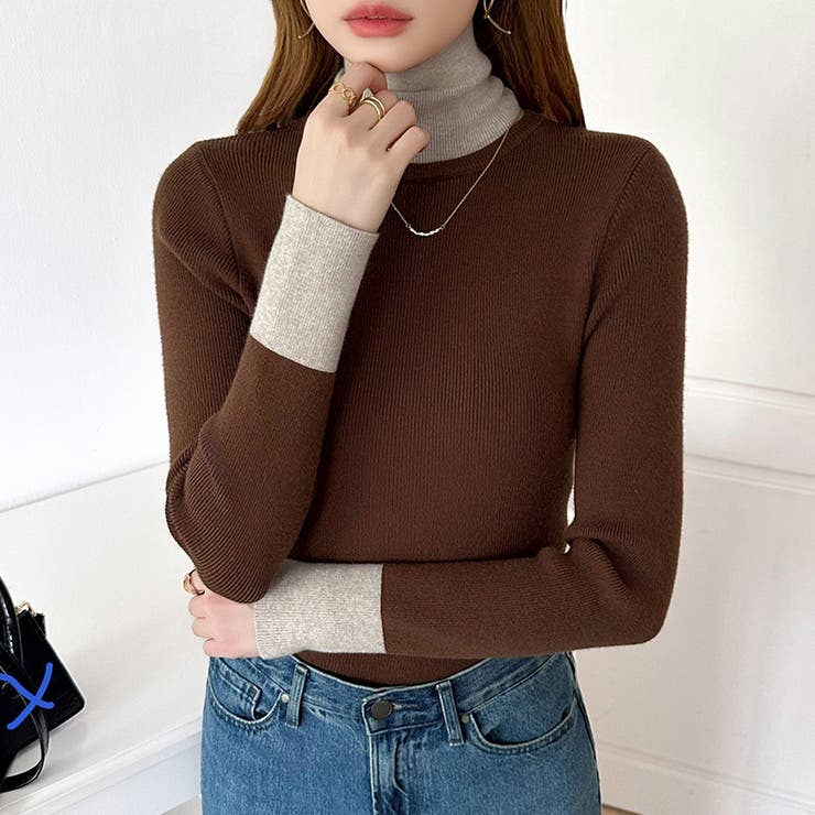 レイヤード風ニット 配色ニット タートルネック | COCOMOMO | 詳細画像47 