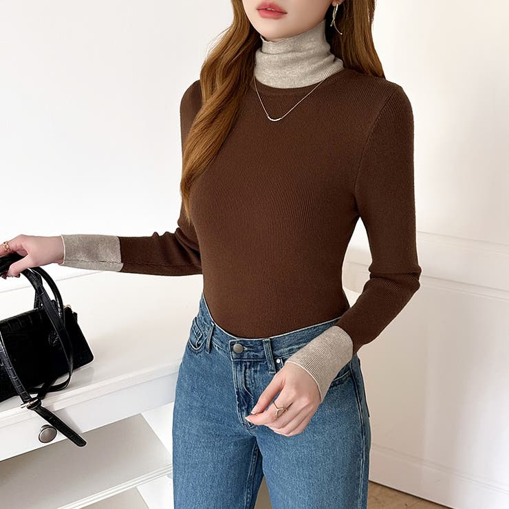 レイヤード風ニット 配色ニット タートルネック | COCOMOMO | 詳細画像48 