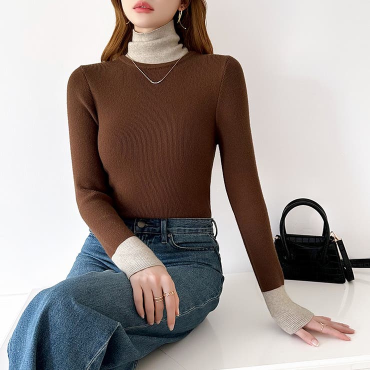 レイヤード風ニット 配色ニット タートルネック | COCOMOMO | 詳細画像49 