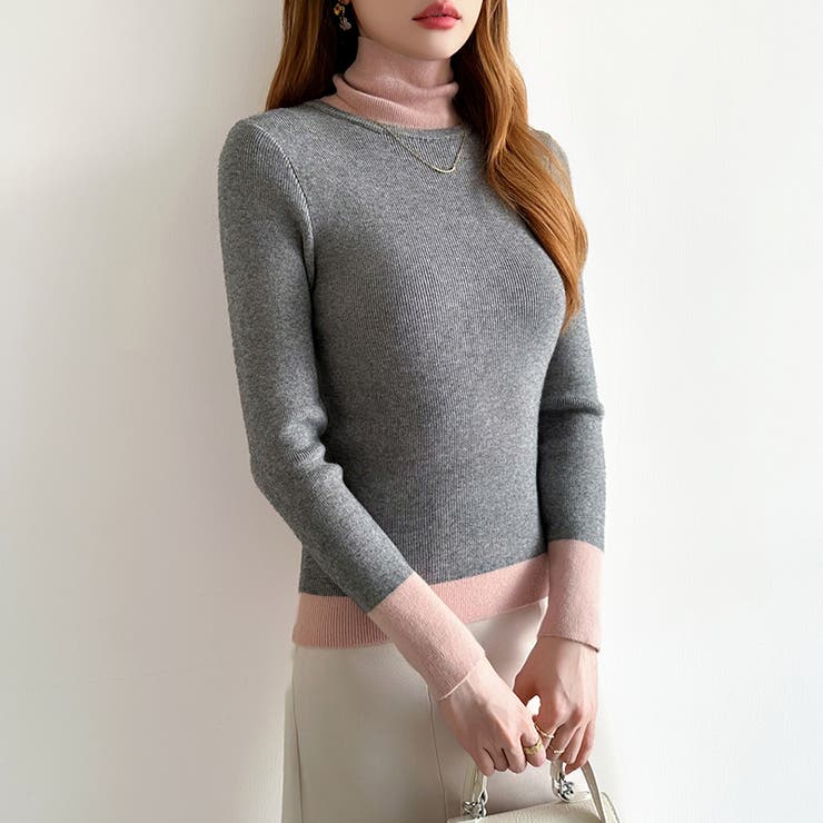 レイヤード風ニット 配色ニット タートルネック | COCOMOMO | 詳細画像52 