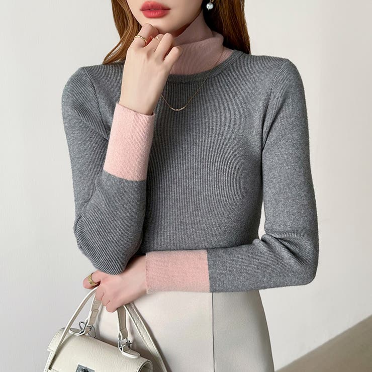 レイヤード風ニット 配色ニット タートルネック | COCOMOMO | 詳細画像54 