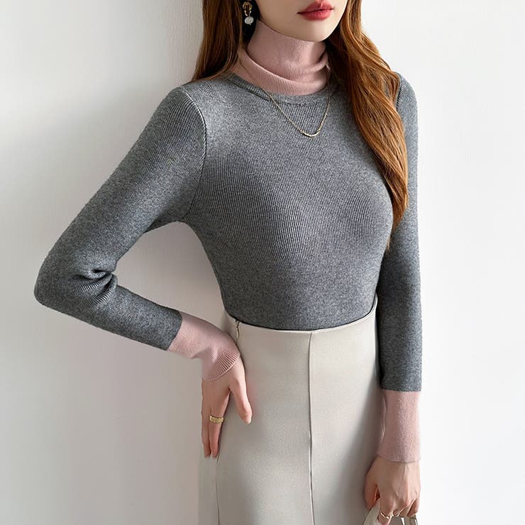 レイヤード風ニット 配色ニット タートルネック | COCOMOMO | 詳細画像55 