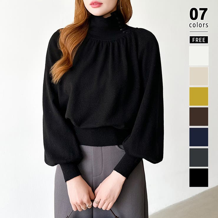ブラック | 2wayネックバルーンスリーブニット ハイネック ニット | COCOMOMO