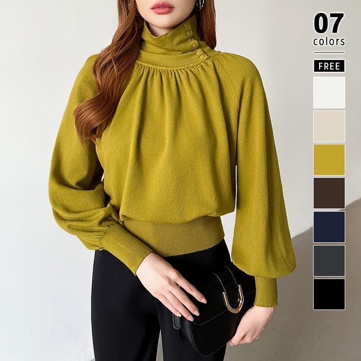 グリーン | 2wayネックバルーンスリーブニット ハイネック ニット | COCOMOMO