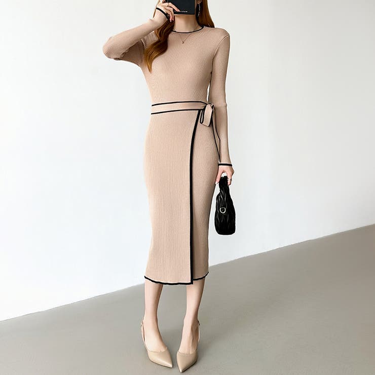 バイカラータイトワンピース ニットワンピース リボンワンピース | COCOMOMO | 詳細画像4 