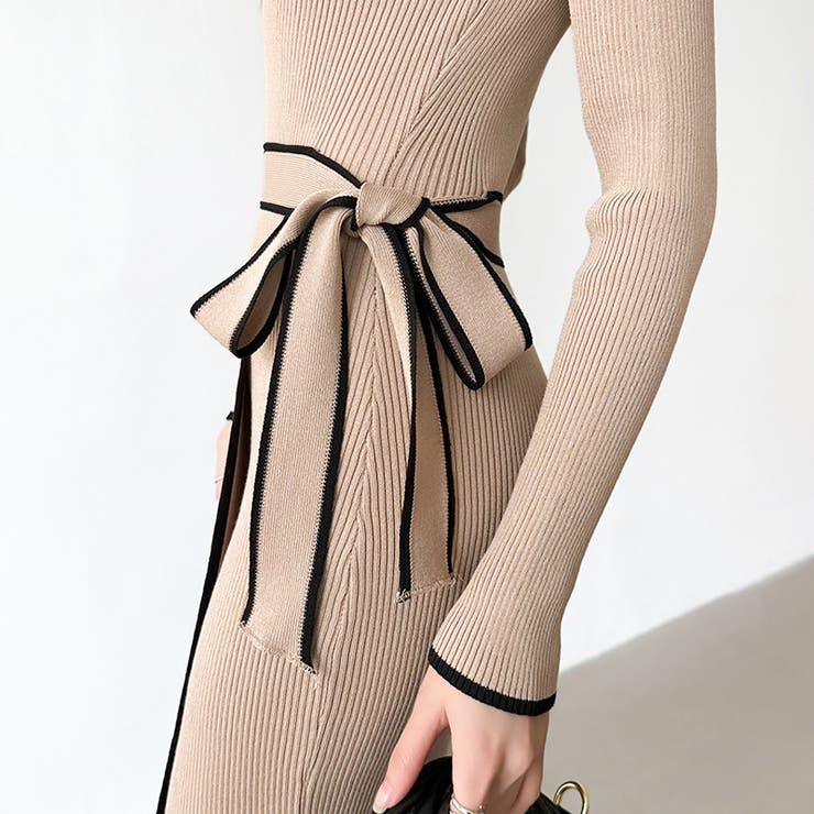 バイカラータイトワンピース ニットワンピース リボンワンピース | COCOMOMO | 詳細画像7 