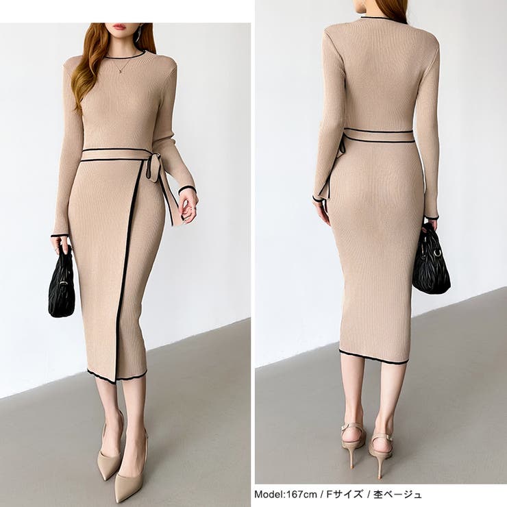 バイカラータイトワンピース ニットワンピース リボンワンピース | COCOMOMO | 詳細画像8 