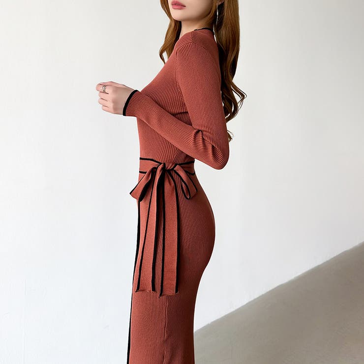 バイカラータイトワンピース ニットワンピース リボンワンピース | COCOMOMO | 詳細画像13 