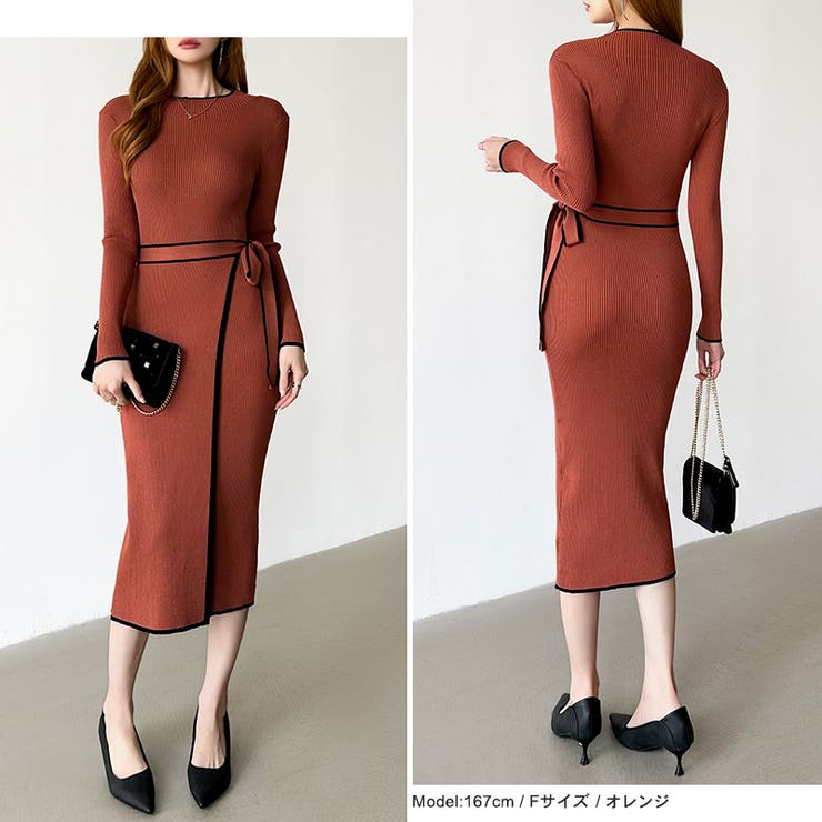 バイカラータイトワンピース ニットワンピース リボンワンピース | COCOMOMO | 詳細画像16 