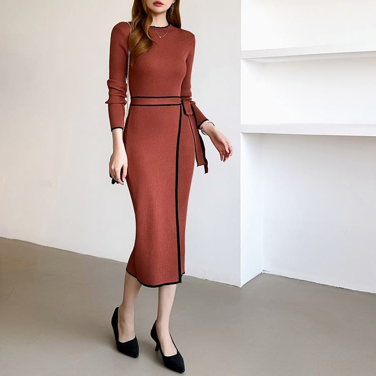 バイカラータイトワンピース ニットワンピース リボンワンピース | COCOMOMO | 詳細画像20 