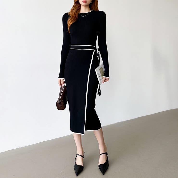 バイカラータイトワンピース ニットワンピース リボンワンピース | COCOMOMO | 詳細画像23 